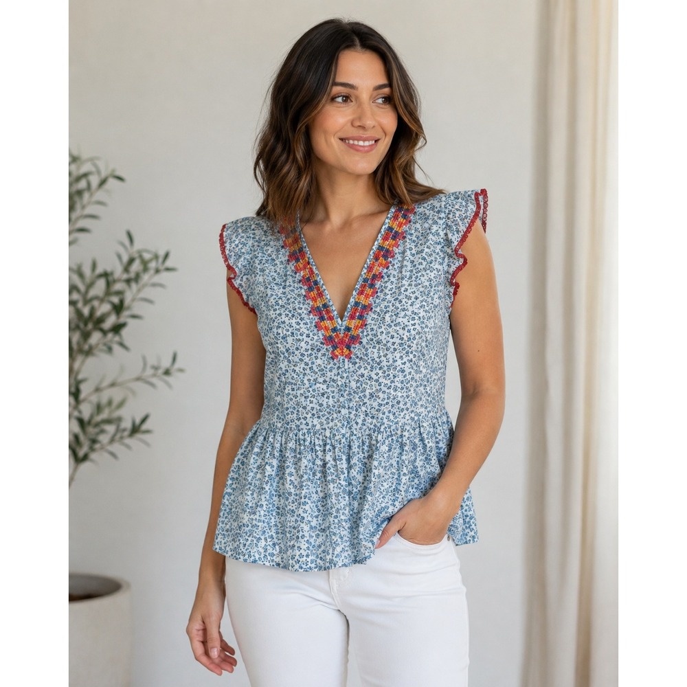 THML Size S Floral Embroidered Boho Peasant Blouse Tassel Sleeve Top